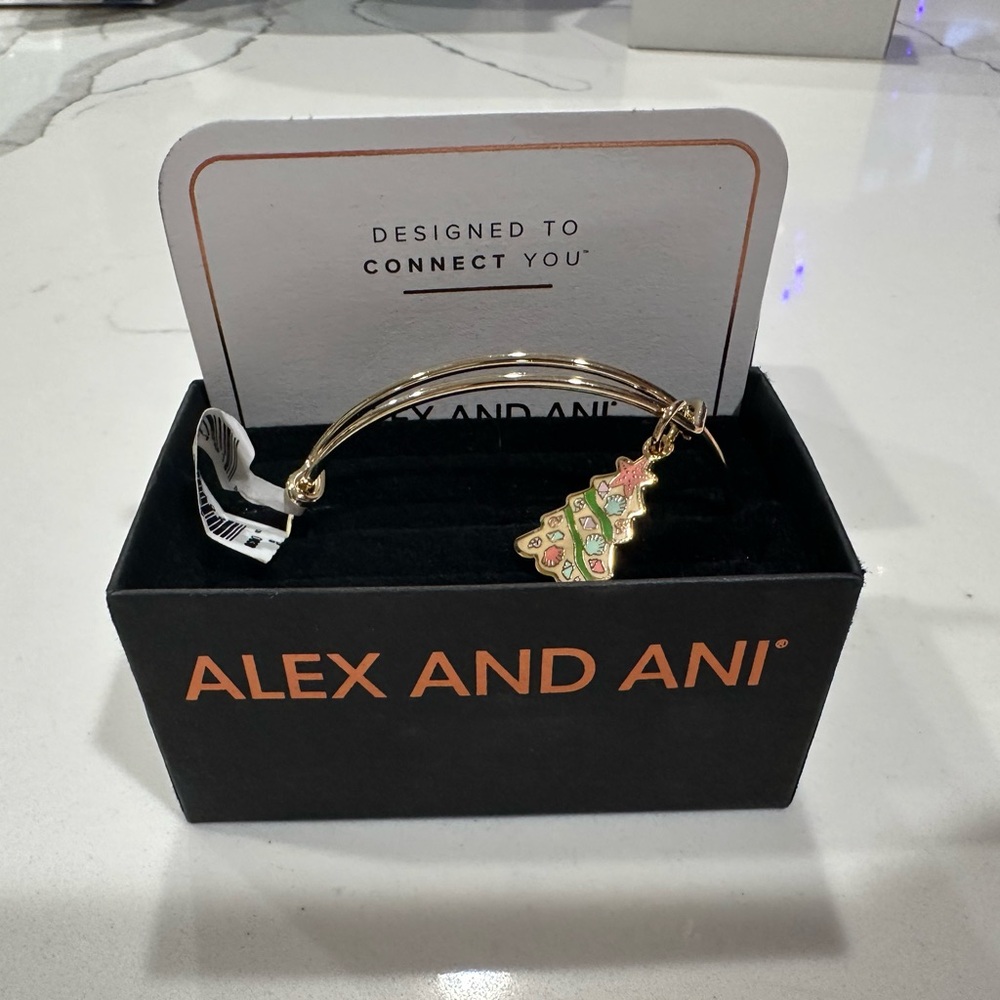 Alex and Ani Festive Gold Bracelet with Tree Charm